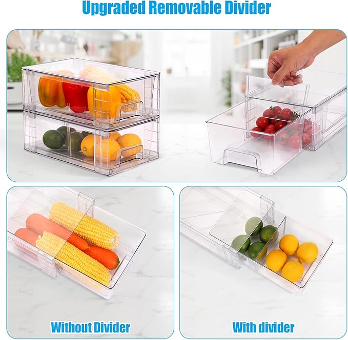 4 Pack Stackable Storage Drawers,Plastic Organizers Bins, Drawers Storage with Handles and Movable Dividers for Organization and Storage in Fridge,Dressers, Pantry, Kitchen Cabinets, Under Sink