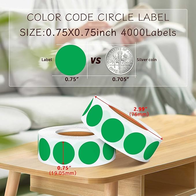 0.75 Inch 4 Rolls of 4000 Colorful Dots Sealing Stickers,3/4"Round Permanent Adhesive Color Coding Labels,Green Dots Stickers for Home Decorative, Storage Bins, Moving Containers & Organization