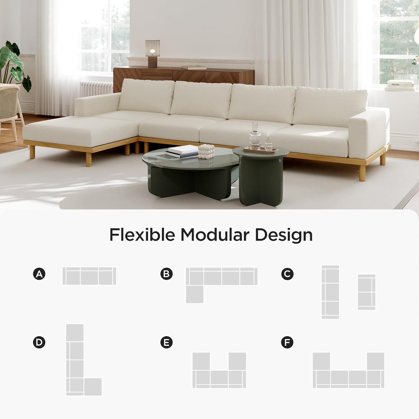 Acanva Minimalist Modular Sectional Sofa for Living Room, Wide & Deep Seat Convertible Furniture Set with Metal Frame and Movable Covers, Armless Chair, Off White