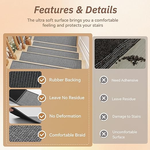 PADOOR Stair-Treads Non Slip 1PC, Stair Treads for Wooden Steps Rubber Backing Indoor, Carpet Stair Treads Residue Free, Stair Runner Durable Stair-Carpet Treads for Kids and Dogs 8"x30" Grey