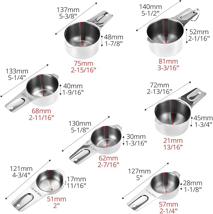 QWORK Stainless Steel Measuring Cups, Set of 7 Nesting Kitchen Tools for Cooking & Baking