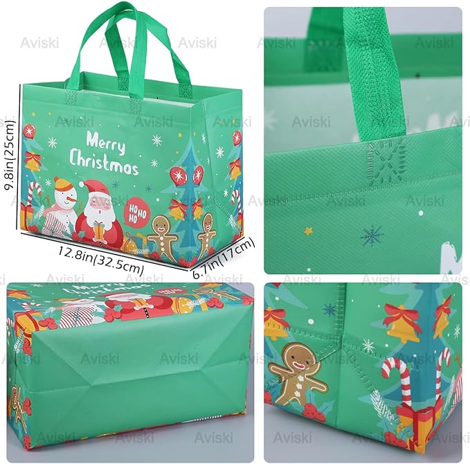16PCS Christmas Gift Bags, Non-Woven Treat Tote Christmas Bags with Handles for Gifts Wrapping Shopping, Xmas Party Supplies, 12.8"×9.8"×6.7"