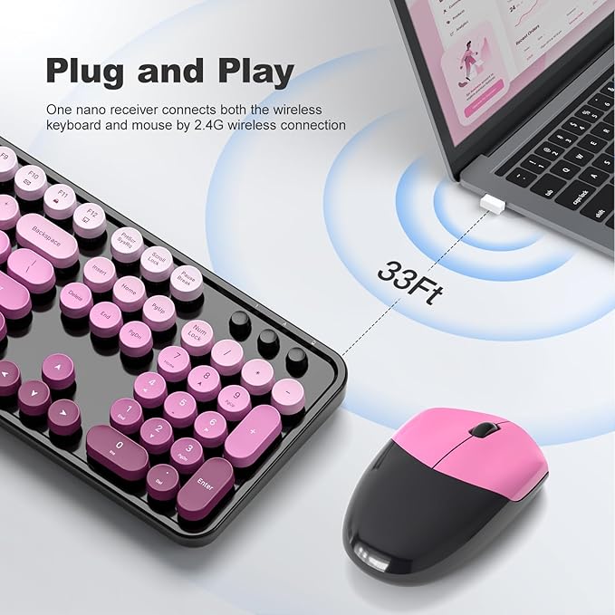 Wireless Keyboard Mouse Combo, Typewriter Full Size Keyboard with Number Pad and 2 in 1 USB Connected Mouse for Windows 7/8/10, Laptop, Desktop, PC, Computer (Black & Pink)