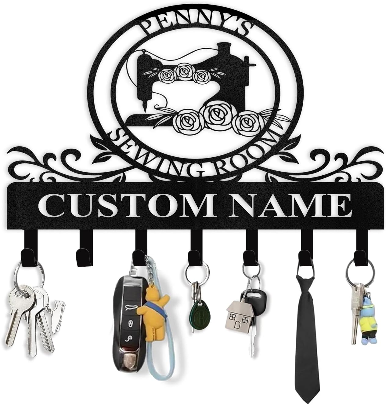 Personalized Key Holder Wall Mount - Custom Sewing Machine Design Key Hanger for Wall Art Decor, Metal Coat Rack Organizer with Hooks, Key Hanger for Bedroom Entryway Hallway, Personalized Gift
