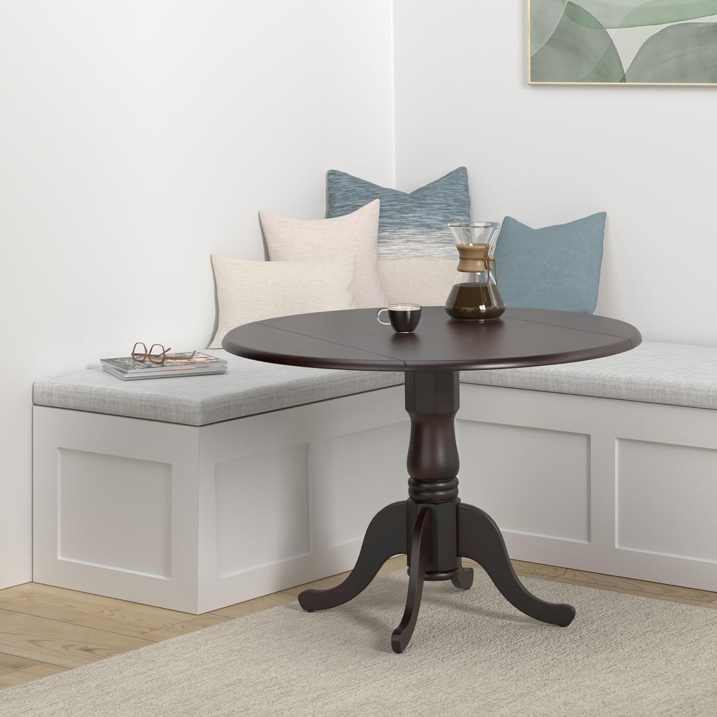 IC International Concepts, 42" Round Dual Drop Leaf Pedestal Dining Table, Solid Real Wood, Sturdy Parawood, Rich Mocha