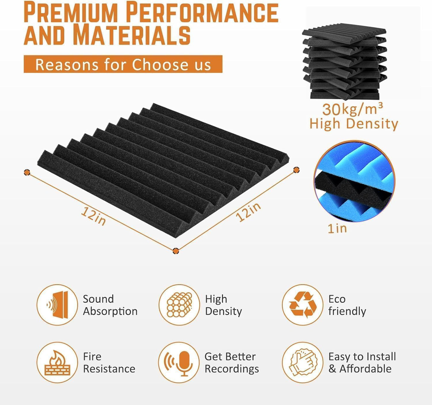 Acoustic Foam Panels 12 Pack 1" x 12"x 12" High Density Soundproofing Sound Proof Foam Panels for Wall Noise Absorbing Panel and Sound-Damping Black Wedges