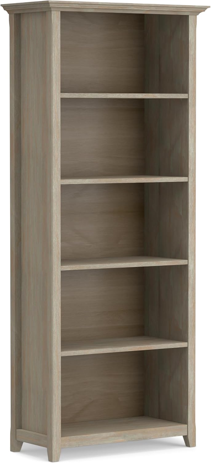 SIMPLIHOME Amherst Bookcase - 70 inch Tall 5-Shelf Solid Wood Bookshelf in Distressed Grey, Transitional Storage for Living Room, Study Room or Office with Adjustable Shelves and Tapered Legs