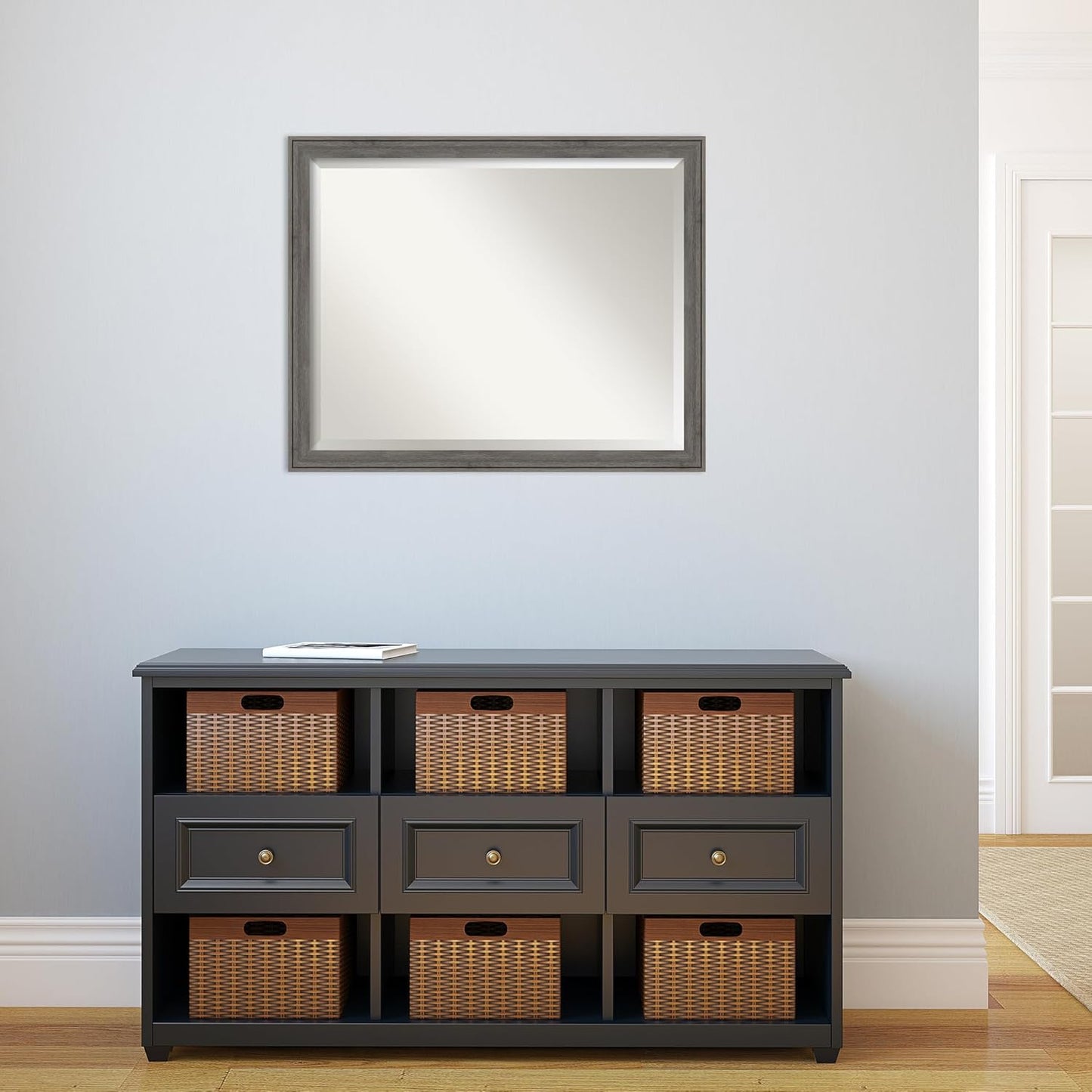 Amanti Art Grey Wall Mirror 25x31 Regis Barnwood Grey Narrow Rectangle Bathroom Mirror for Wall Decor Living Room, Large Country Rustic Wood Frame, Hangs Horizonally and Vertically, Bathroom Decor,