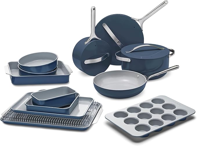 Caraway 23-Piece Nonstick Ceramic Cookware & Bakeware Set – Pots, Frying Pans, Lids, Baking Sheets, Pans, Cooling Rack & Storage – Oven Safe, Non-Toxic – Compatible with All Stovetops - Navy