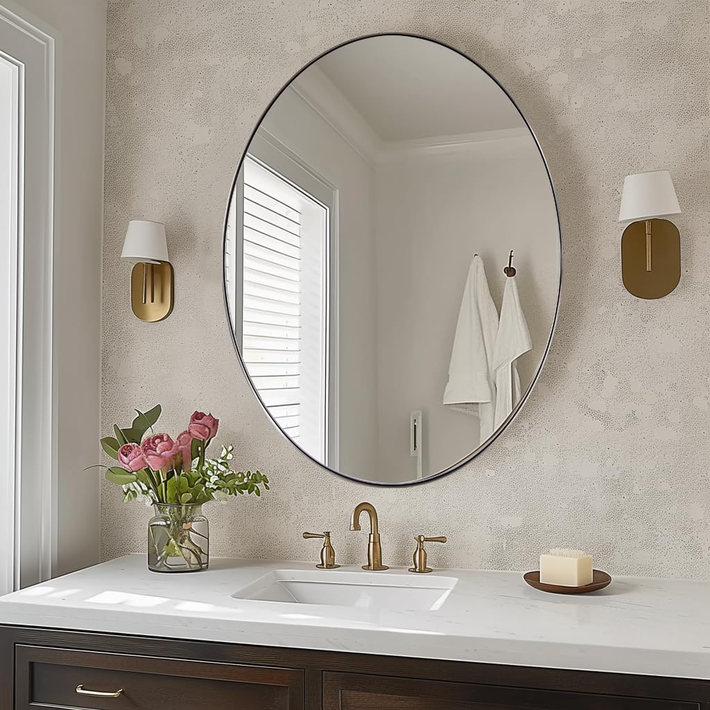 ANDY STAR Brushed Nickel Oval Wall Mirror, 20x28, Modern Bathroom Mirror, Sturdy Stainless Steel Frame, Clear Reflection, Anti-Corrosion Backboard