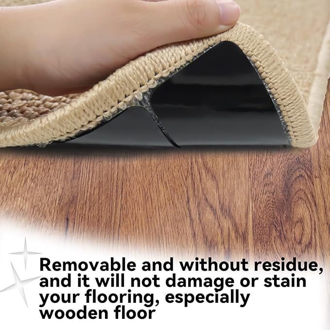 Rug Carpet Non Slip Grippers, Reusable Double Sided Carpet Tape Pads, Strong Adhesive Grippers for Area Rugs, Keep Corners Flat, No Damaging for Floor Removable, 8Pcs
