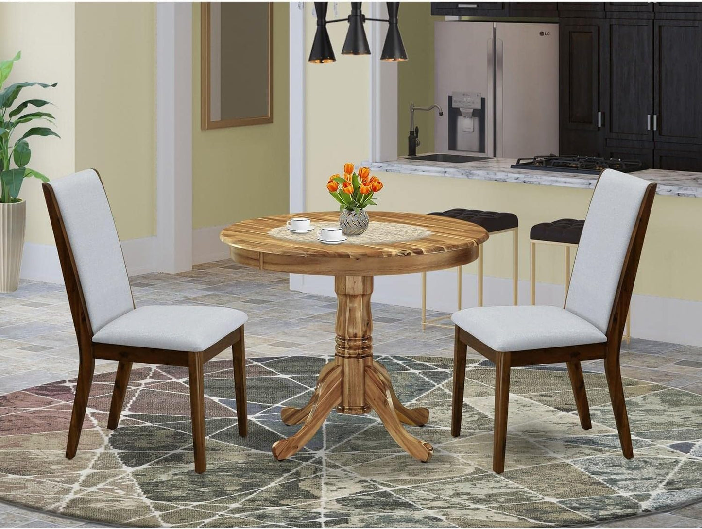 East West Furniture ANLA3-ANA-05 3 Piece Dining Set Contains a Round Kitchen Table with Pedestal and 2 Grey Linen Fabric Parsons Dining Chairs, 36x36 Inch, Natural