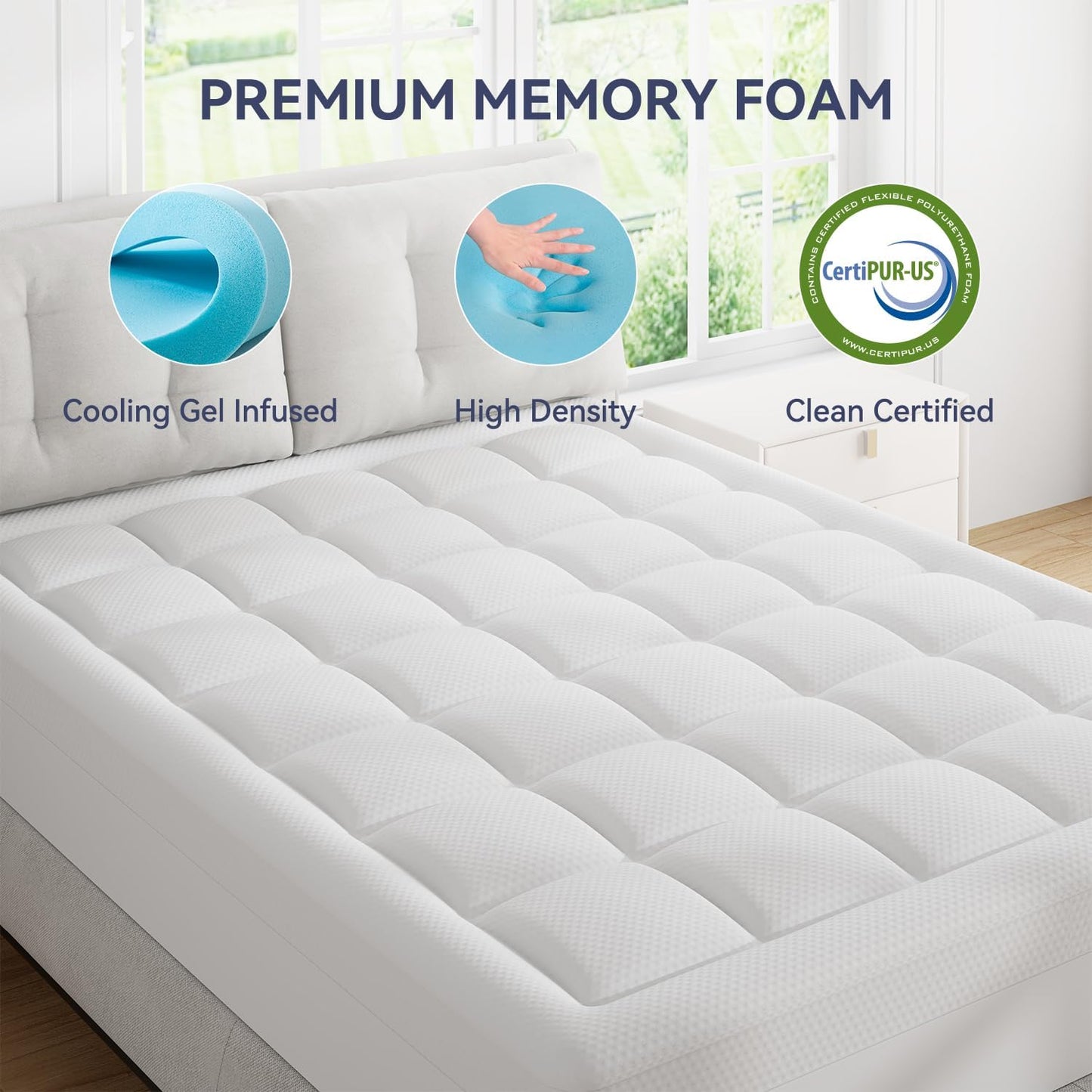 ELEMUSE RV Short Queen Dual Layer 3 Inch Memory Foam Mattress Topper, 1 Inch Plush Feel Pillow Top Mattress Topper Cover and 2 Inch Cooling High Density Memory Foam Bed Pad for Back Pain Relief