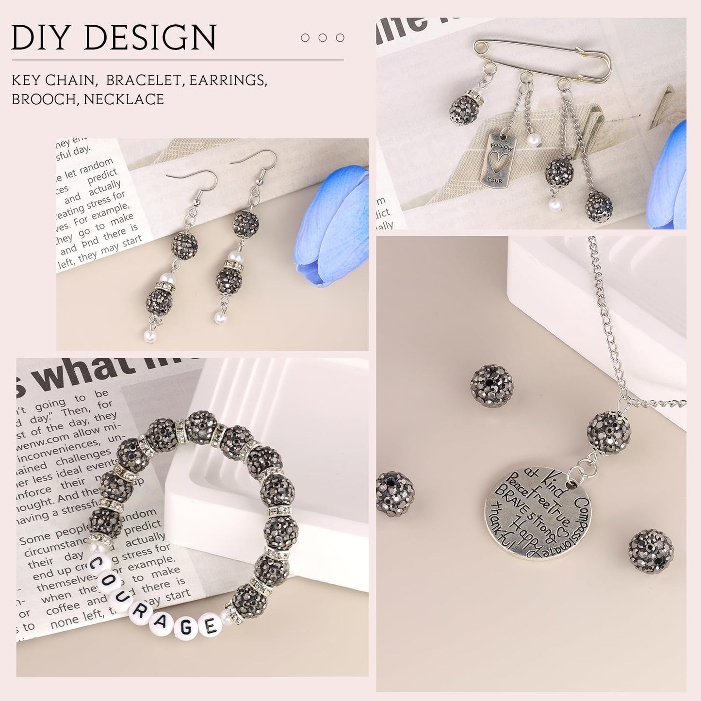 150 pcs 10mm Rhinestone Beads for Jewelry Making, Hematite Shiny Round Shamballa Disco Beads Bulk, Sparkle Crystal Clay Christmas for Bracelet Baseball Necklace Earring Crafting and DIY