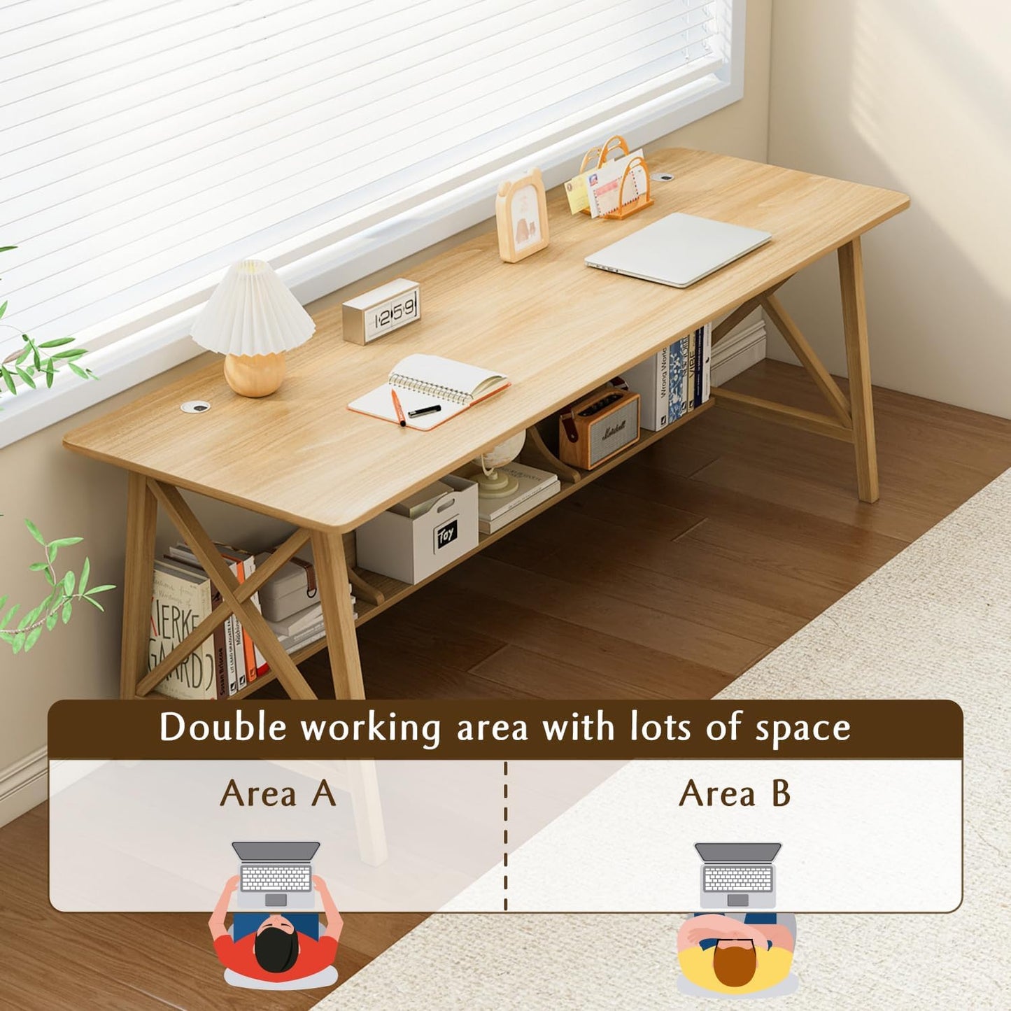 Extra Long Desk with Bookshelf - Wooden Home Office Work Study Table, Writing Computer Workstation with Storage Shelf in Oak, 55" Wx20 Dx30 H