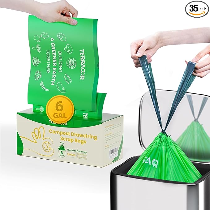 6 Gallon Compostable Trash Bags Drawstring, Heavy Duty Extra Thick 1 Mil, 35 Bags, Tall Kitchen Food Scrap Waste Bag, ASTM D6400