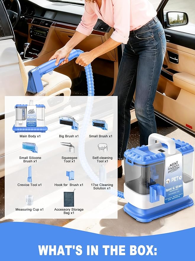 Carpet Cleaner Machine, 20Kpa Powerful Suction with 5 Cleaning Tools, Cleaning Solution, Car/Auto Detailer, Lightweight Compact Design for Rug, Carpet, Car Seats, Pets, Stairs, Couches,Blue