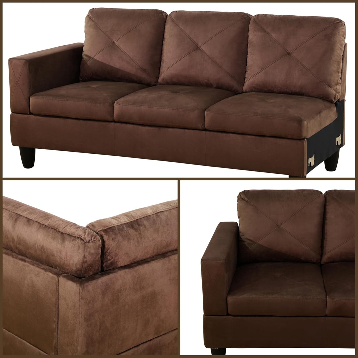 L Shaped Sectional Couches, Modern Modular Sectional Sofa Furniture for Living Room Bedroom, Comfy 4 Seat Couch with Ottoman Storage & Chaise, Brown