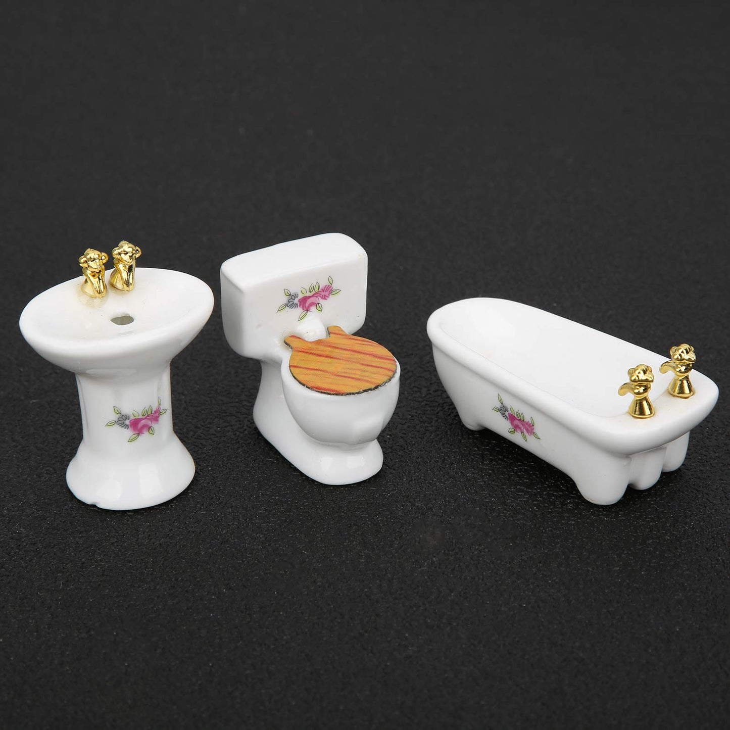 RIZGHWOY 1/24 Dollhouse Miniature Bathroom Set, Ceramic Bathtub Toilet Sink Kit with Exquisite Design, for Doll House Bathroom Scene (Rose)