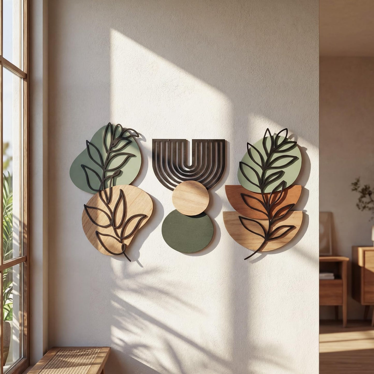 Wenqik Set of 3 Boho Wall Art Decor 3D Wood & Metal Abstract Geometric Wall Hangings Sculpture 15 x 6in Sage Green Beige Terracotta Minimalist Botanical Artwork for Home Decor Gallery Room