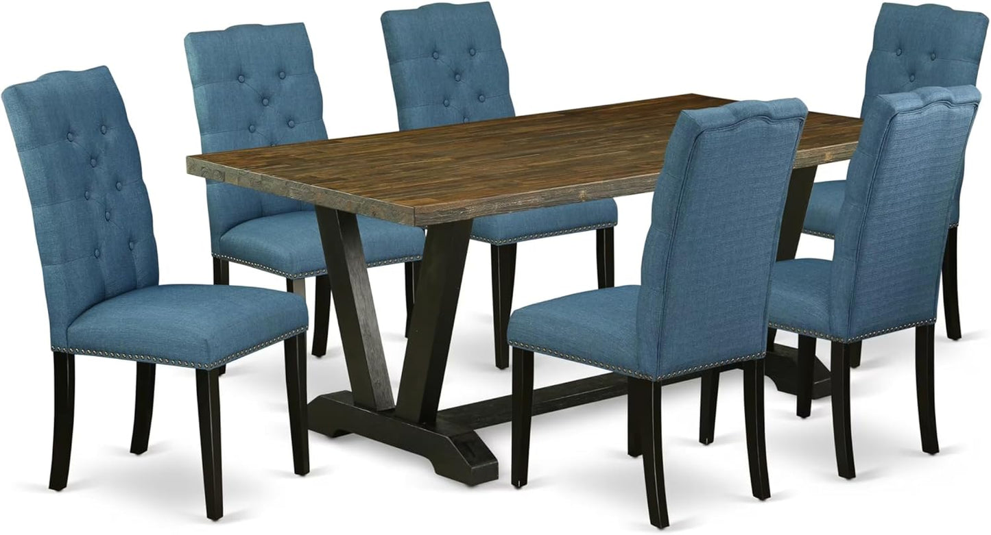 East West Furniture V677EL121-7 7 Piece Modern Dining Table Set Consist of a Rectangle Wooden Table with V-Legs and 6 Blue Linen Fabric Parson Dining Chairs, 40x72 Inch, Multi-Color