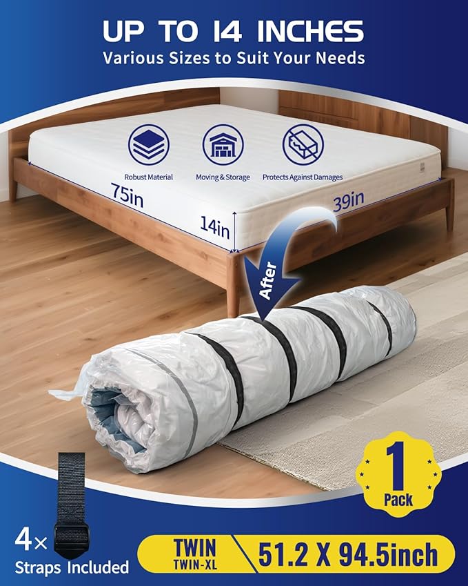 Twin/Twin XL Foam Mattress Vacuum Bag for Moving，9-Layer Heavy Duty Mattress Bags for Moving & Storage, Leakproof Vacuum Seal Bags for Clothing with Straps