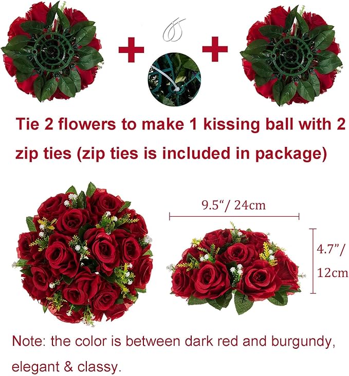 BLOSMON Flower Balls Wedding Rose Centerpieces: 2 Pcs Crimson Red Fake Flowers Kissing Balls Decor - Artificial Silk Roses Floral Arrangement Home Party Table DIY Decorations