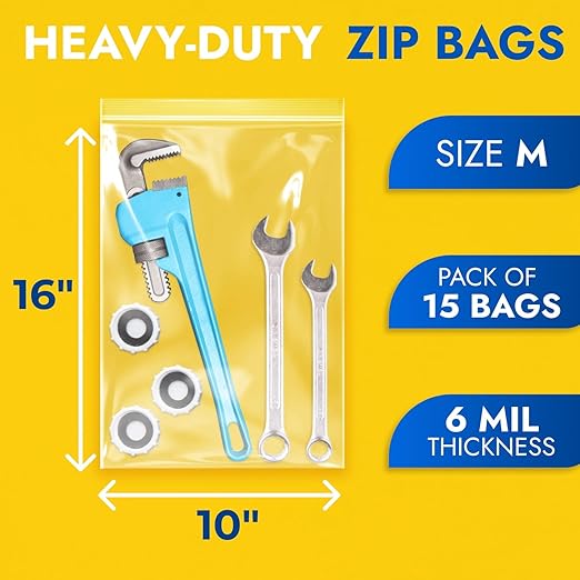 10" x 16" Medium Zip Seal Lock Bags, 6 Mil (Pack of 15) – Heavy-Duty Reclosable Plastic Bags – Clear, Resealable, Waterproof – For Storing and Organizing Clothes, Jewelry, and Travel Items
