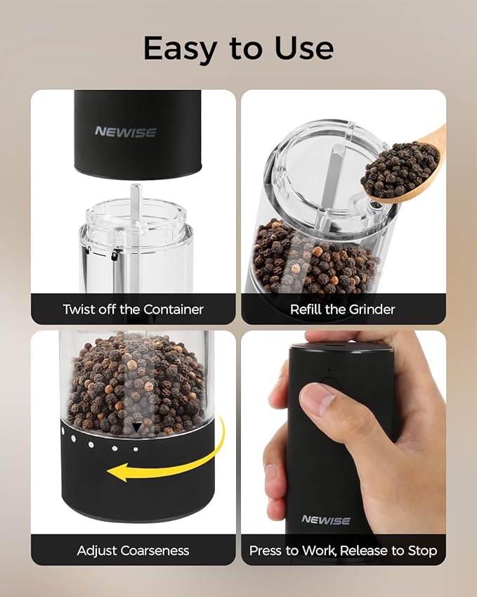 Electric Salt and Pepper Grinder Rechargeable with Light, Electric Salt and Pepper Shakers, Automatic & Adjustable Coarseness, Kitchen Gadgets, Black