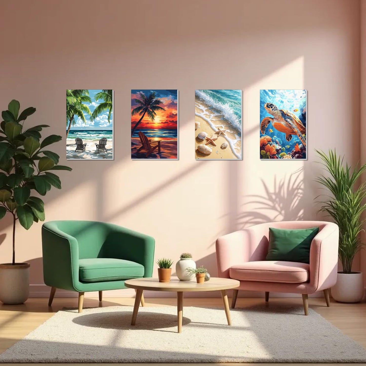 4 Pack Framed Paint by Numbers Kit for Adults Beginner Canvas Painting by Numbers for Adults Beach Easy Adult Paint by Number Kits with Frame Sea Turtle Watercolor Painting by Number 8x12 Inch