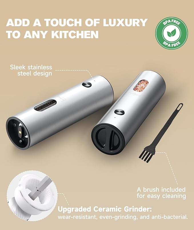 Ringco Electric Salt and Pepper Grinder Set with Charging Base, Rechargeable Salt and Pepper Mill with Adjustable Coarseness, LED Light, 110ml Large Capacity for Kitchen, Outdoors, Christmas Gift