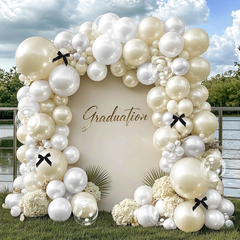 White Balloon Garland Arch Kit, Double Stuffed Cream Ivory Sand White Pearl Balloons with Bow Clear Balloon for Bridal Wedding Baby Shower Birthday Valentine‘s Day Party Decorations