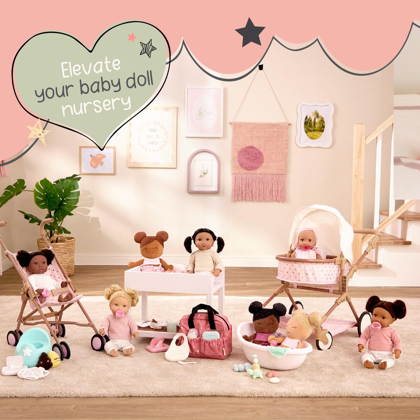 LullaBaby – 3 Pieces Set of Soft Plush Dolls for Real Water Play – Carrying Basket with Cute Star Cutouts – Pretend Play – Tub Toys for Kids 2+ Years– Bath Yoy Bundle