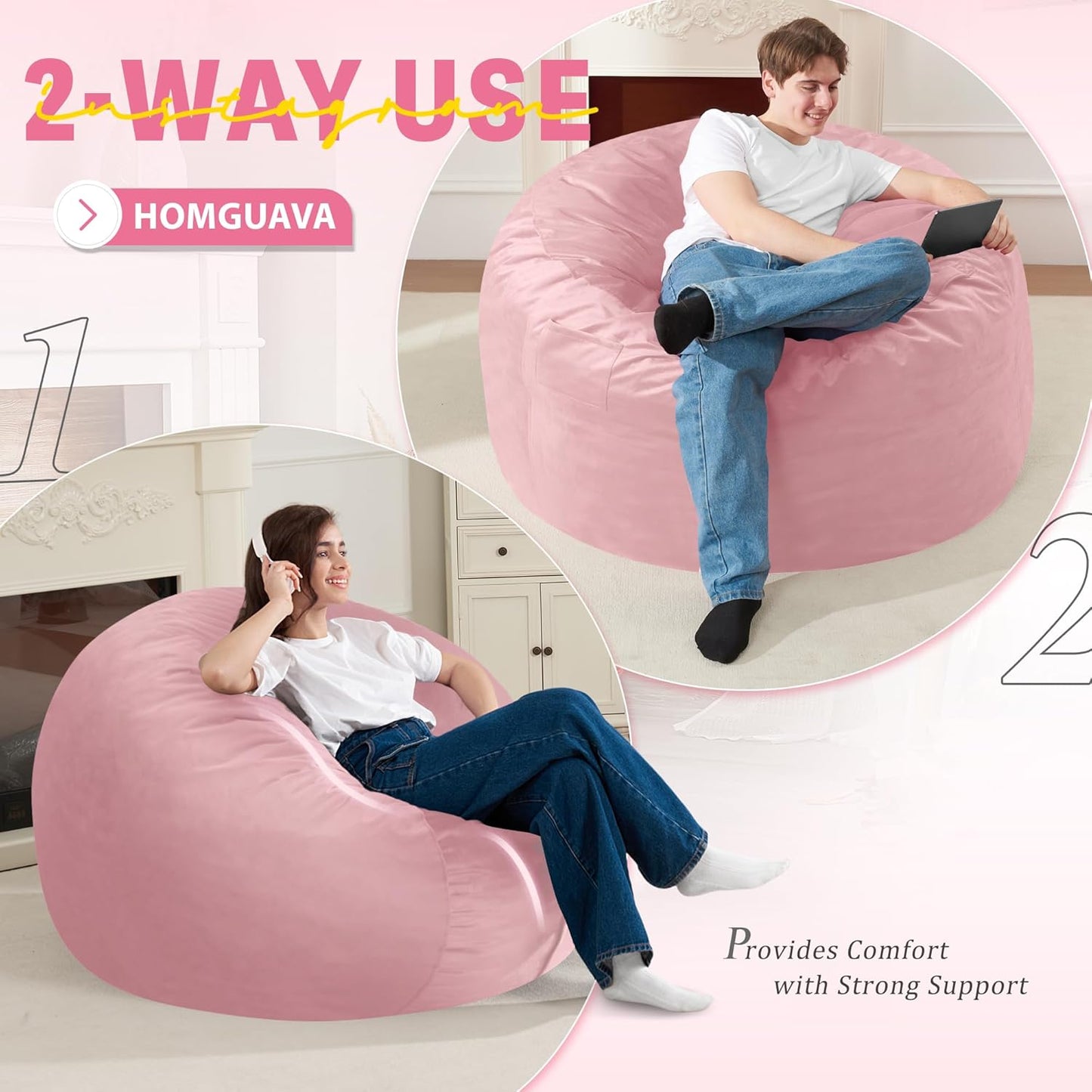 Homguava 3FT Bean Bag Chair: 3' Bean Bags with Memory Foam Filled, Large Beanbag Chairs Soft Sofa with Dutch Velet Cover-Light Pink