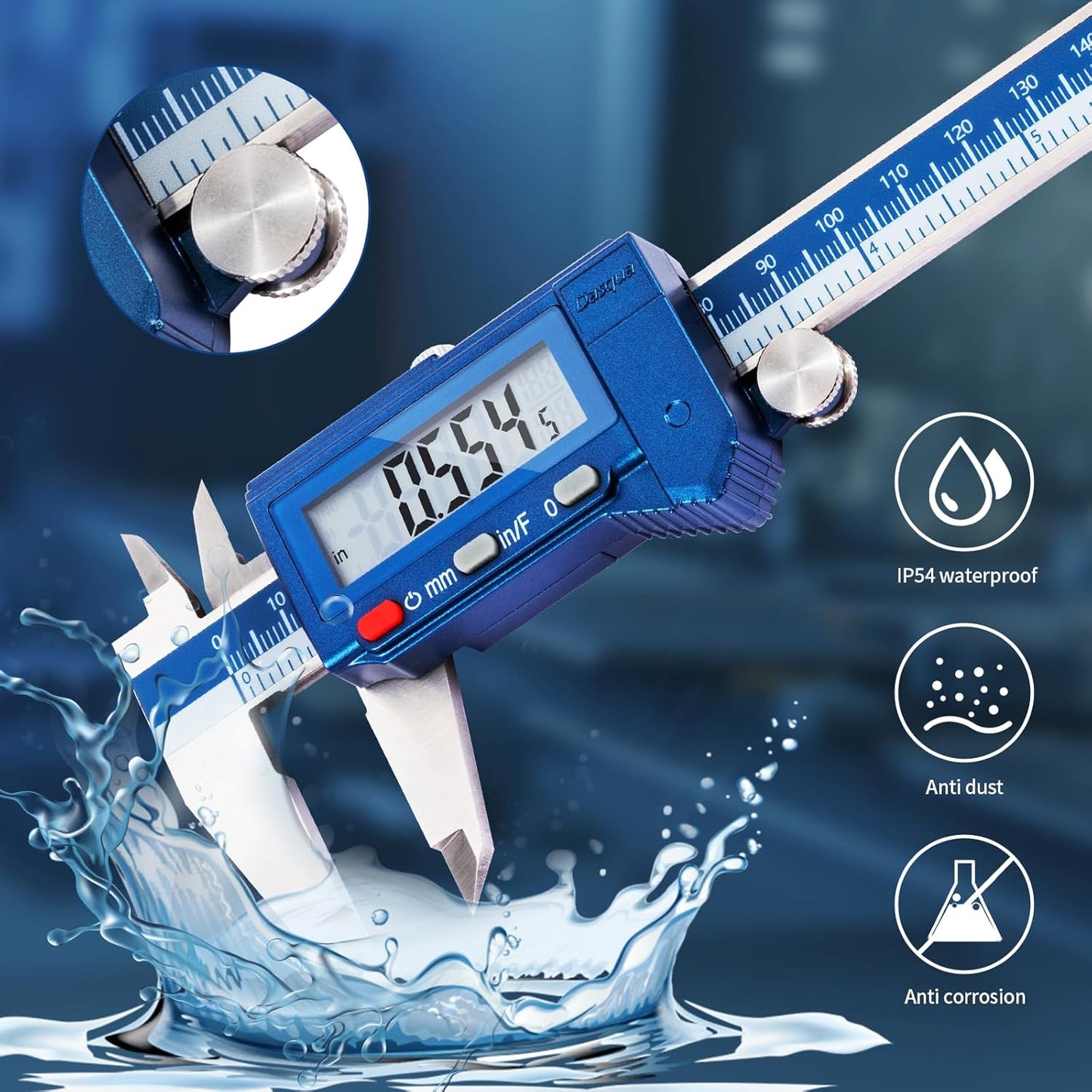 Dasqua 6” IP54 Digital Caliper, Stainless Steel Water-Resistant Precision Measuring Tool with Large LCD, Inch/Metric/Fraction Switch, Resolution 0.0005"/0.01mm/1/128, Accuracy ±0.001"/0.02mm