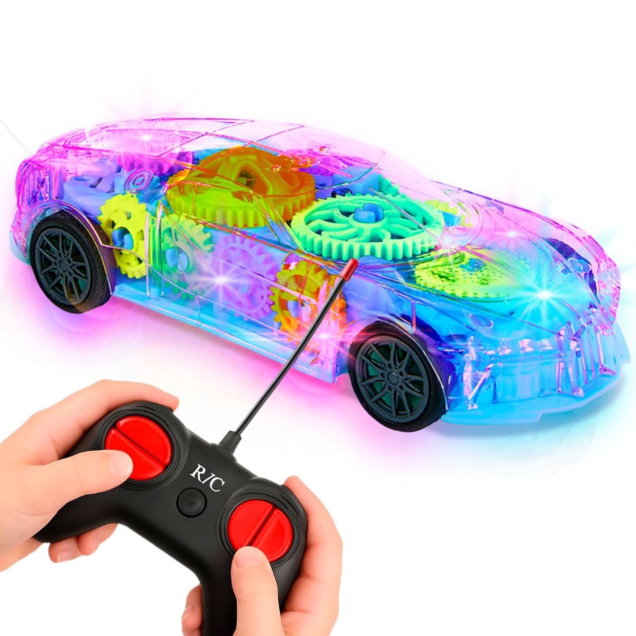 Playbees Light-Up Transparent Car with Remote Control, Toys for Autistic Kids Ages 3-5 Sensory Activity for Kids with Autism Special Needs Toys, Bump and Go Toys for Toddlers Music and LED Effects