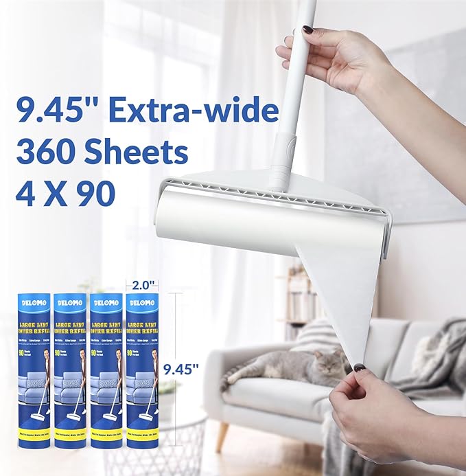 DELOMO Large Lint Roller Refills (6 Pack, 540 Sheets) – Compatible Only with DELOMO 9.45 in Floor Lint Roller – Extra Sticky Floor Lint Roller Refill for Carpets, Cars, Clothing & Pet Hair