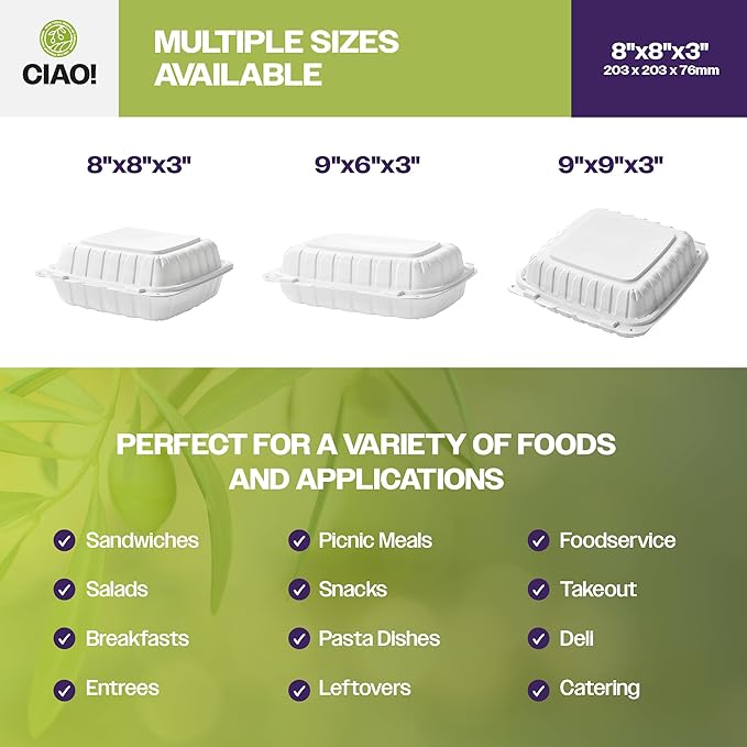 CIAO! 8"x8"X3" MFPP White Hinged Container With Lid 1 Compartment (Case of 200)