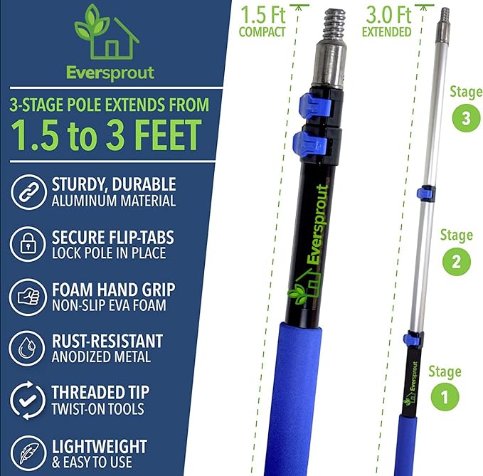 EVERSPROUT 1.5-to-3 Foot Telescopic Extension Pole | Lightweight Sturdy Aluminum Handle | Easy to Use Flip-Tab Lock Mechanism | Twist-On Metal Tip Works for Squeegee, Duster, Paint Roller (Pole only)