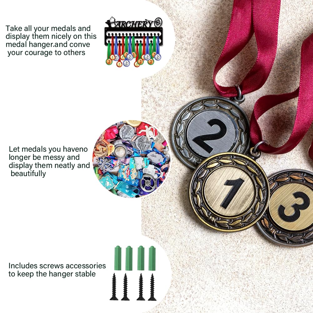 SUPERDANT Archery Medal Hanger Display Sports Medal Holder Wall Mount Archery Medals Hanging 30 Hooks Matte Black Metal Display Rack Iron Race Ribbon Award Organizer Gifts for Athletes 15.7x7.9in