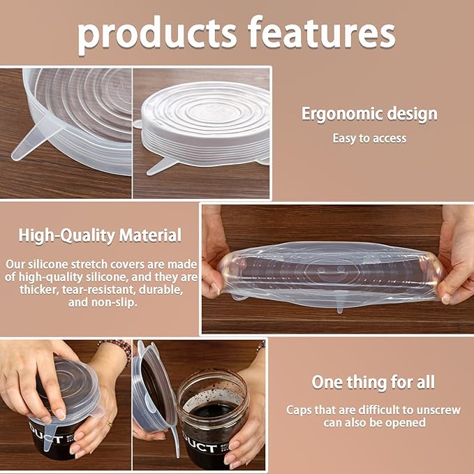 6 Pcs Silicone Stretch Lids Reusable and Durable Silicone Container Covers for Food Storage Expandable Bowl Covers Dishwasher & Freezer Safe (7.28in)
