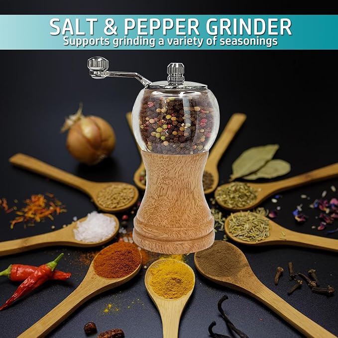 Salt and Pepper Grinder Set Manual Pepper Grinder Set Classical Hand Shake Acrylic Wooden Pepper Mill Ceramic Blades Upgrade Metal Handle, Enjoy Best Fresh Ground Pepper Salt spices (1pcs-5in)