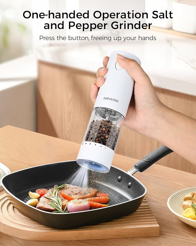 Electric Salt and Pepper Grinder Rechargeable with Light, Electric Salt and Pepper Shakers, Automatic & Adjustable Coarseness, Kitchen Gadgets, White