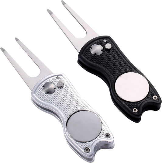 2 Pack Metal Foldable Golf Divot Tool with Pop-up Button & Magnetic Ball Marker (Pack of 2, Fish Design)