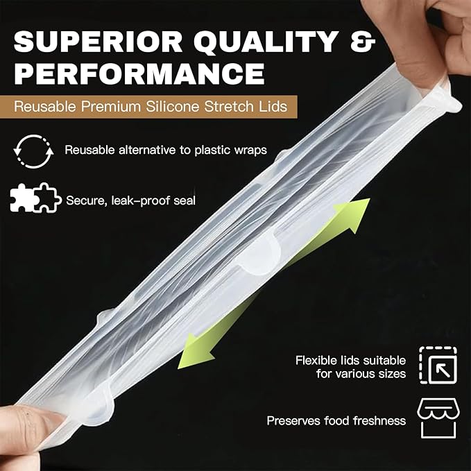 Reusable Silicone Stretch Lids–18PCS Round & Square Stretchy Food Covers, Airtight & Leakproof, Microwave & Dishwasher Safe Clear