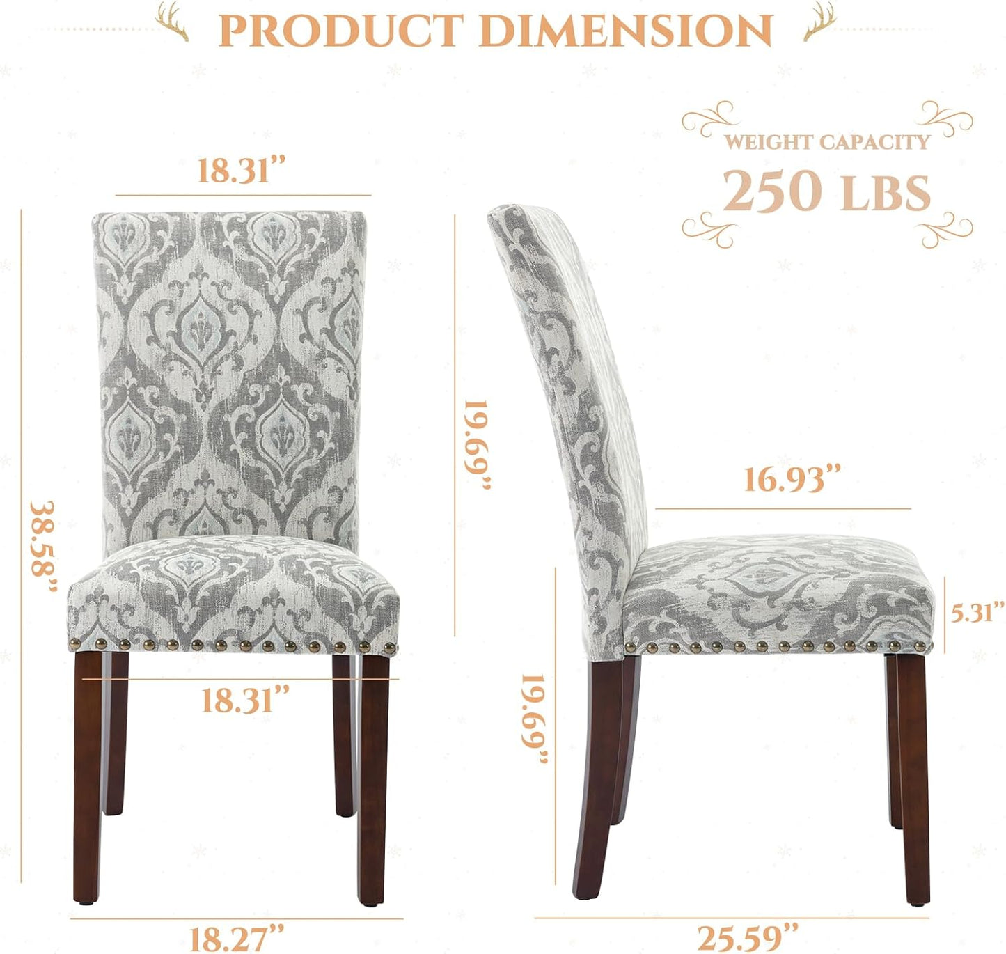 Parsons Dining Chairs Set of 6, Upholstered Nailhead Dining Room Kitchen Side Chair with Thick Cushions and Wood Legs, White/Grey