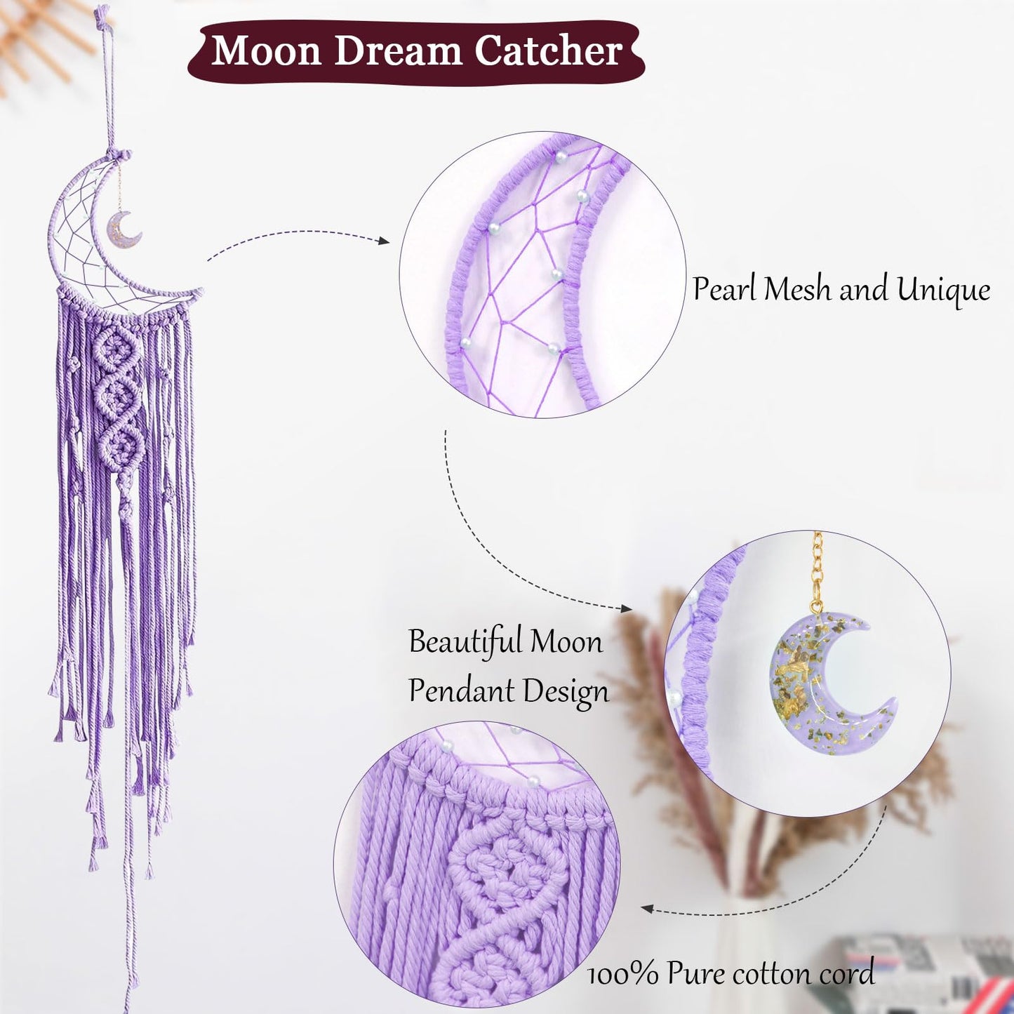 Moon Star Dream Catcher Decor,2pcs Boho Home Moon Star Dreamcatcher,Macrame Wall Hanging Boho Home Decor for Kids Baby Bedroom Decoration for Women Girls Craft Holiday Gifts Purple