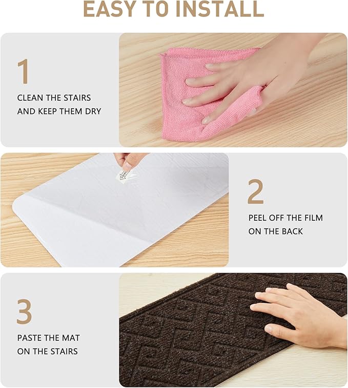 Stair Treads for Wooden Steps, 8" X 30" Non Slip Stair Runner Carpet Indoor with Reusable Adhesive Backing, Soft Tread Mat for Stairs, Ideal for Home, Polyester TPR Backing Stair Rugs-Brown 15 Pack