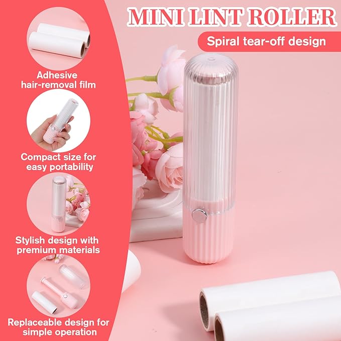 Travel Size Lint Roller Mini for Clothes, Portable Cute Lint Roller with 3 Rolls Refillable, Sticky Rollers Pet Hair Remover for Clothes, Furniture, Cat & Dog Hair, Household Travel Remove Dust