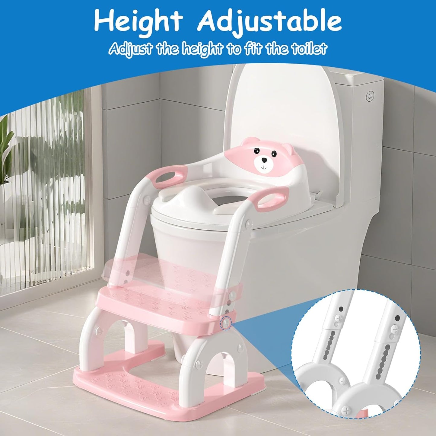 Potty Training Seat for Toddlers - Upgrade 2-in-1 Toilet Seat Toilet Ladder for Kids Children Boys Girls, Anti-Slip Pad & Adjustable Height with Waterproof PVC Cushion - Pink